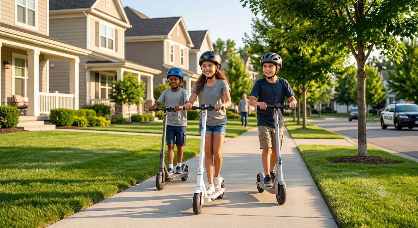 Three young riders wearing helmets and riding e-scooters together on a neighborhood sidewalk