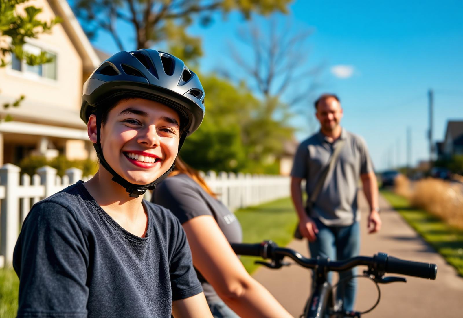 Smiling teen rider with helmet standing beside their e-bike on a suburban street