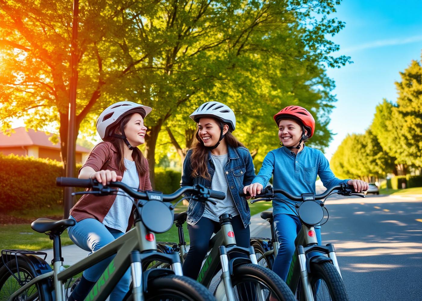 Three preteens with helmets laughing next to their e-bikes on a tree-lined street