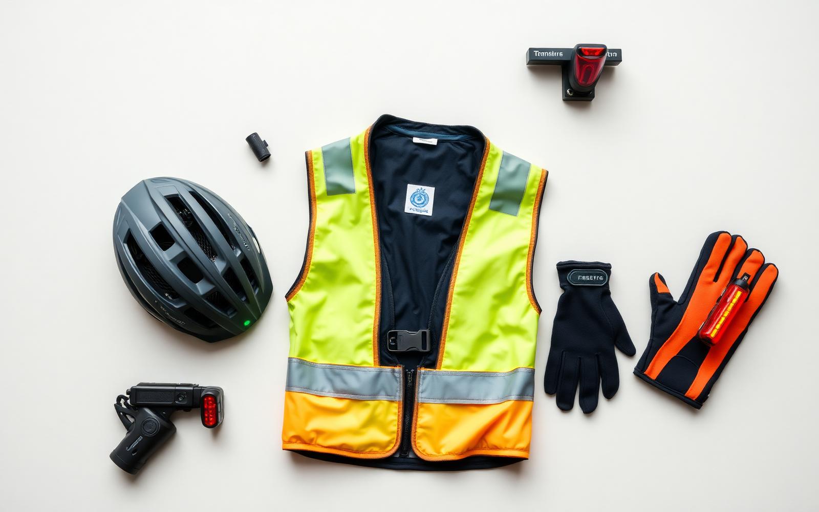 Flat-lay of bicycle safety gear: helmet, reflective vest, lights, and gloves
