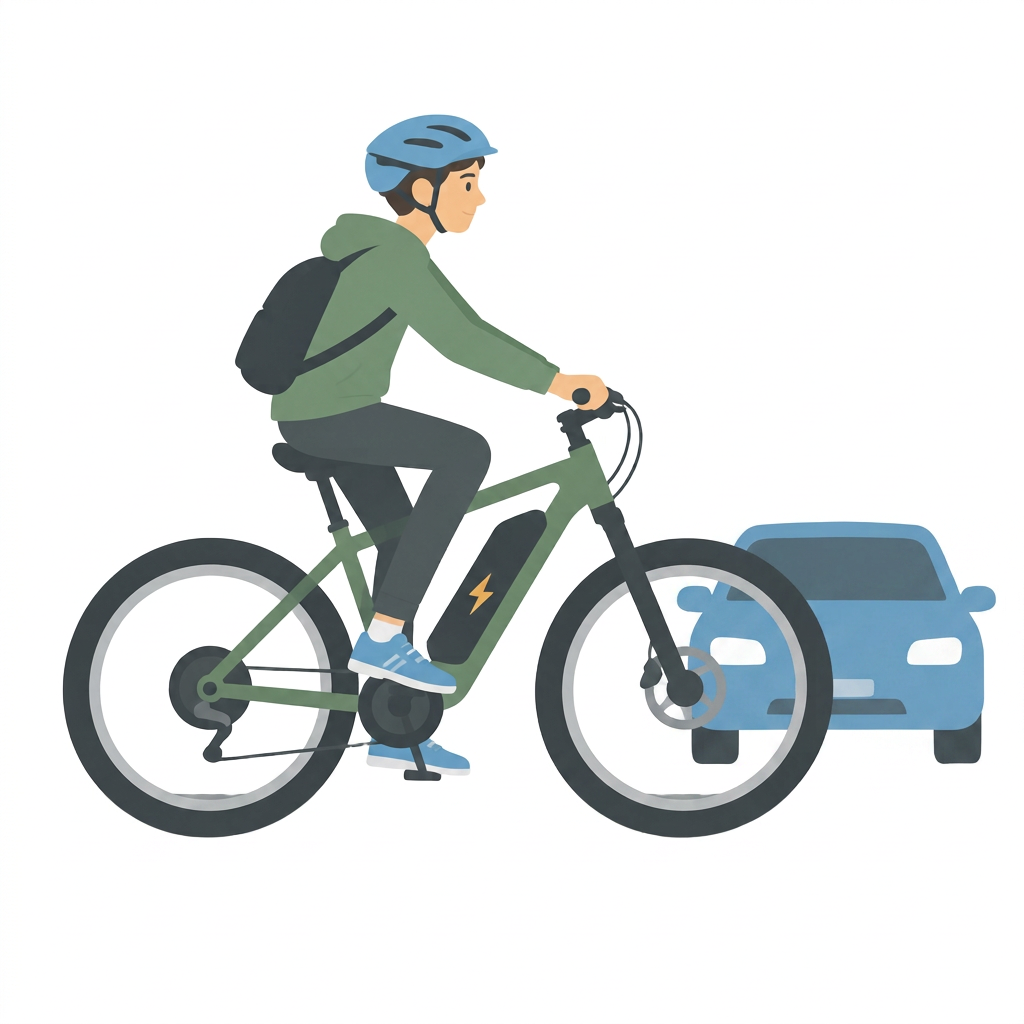Teen rider on an e-bike sharing the road with a car