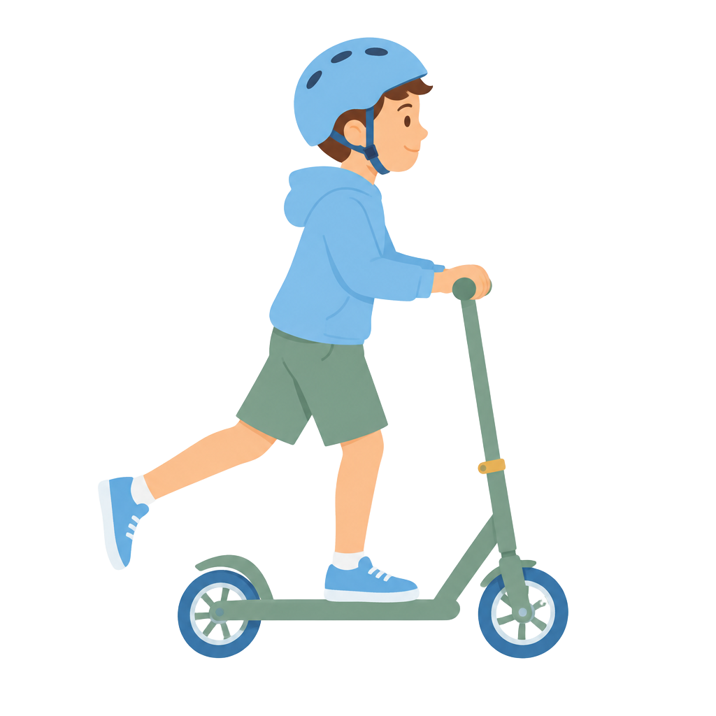 Young rider wearing a helmet on a kick scooter